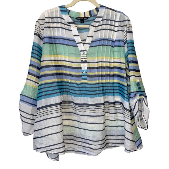 Zac & Rachel Woman 2X Striped Button-Front Blouse With Roll-Tab Sleeves - Picture 1 of 6